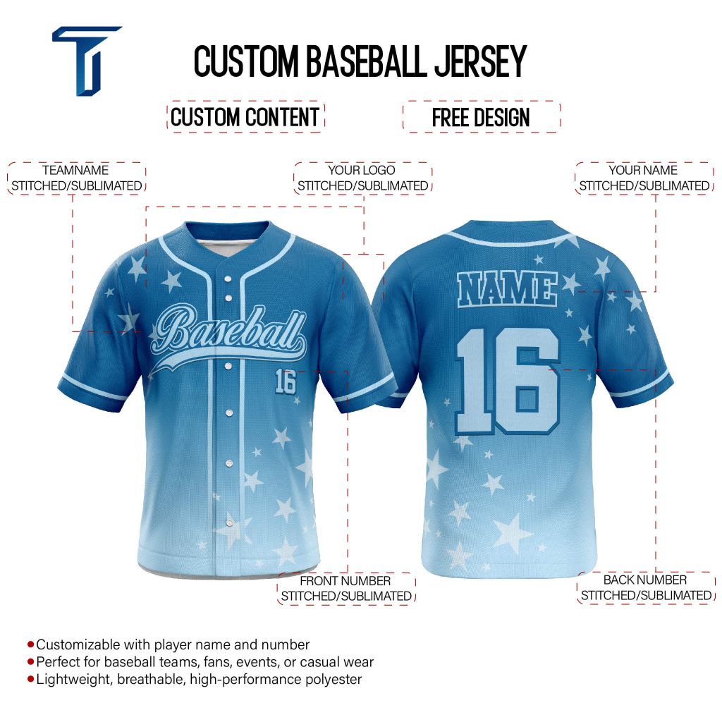 Stars Blue Custom Full Button Baseball Jersey
