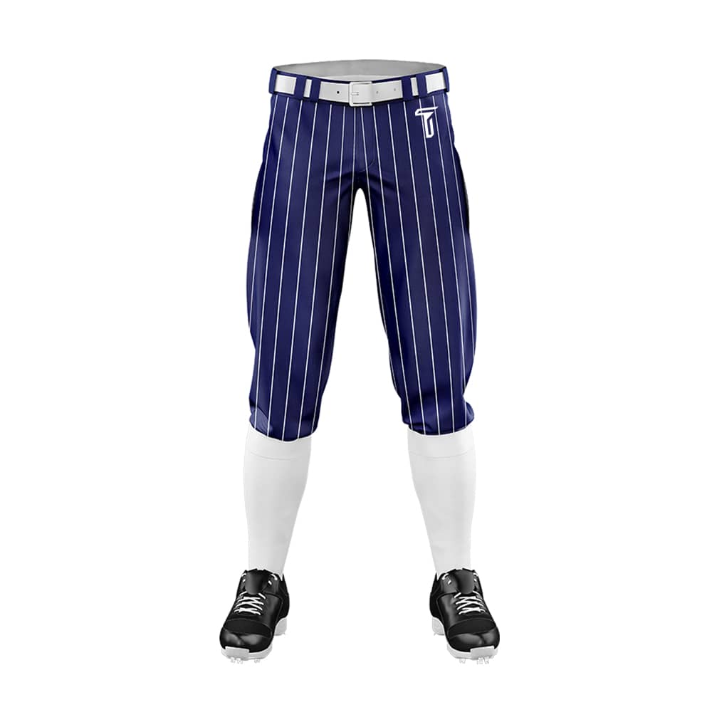 Navy Blue White Pinestripe Stretch Practice Knickers Baseball Pants 3D front