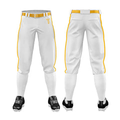 Custom White Yellow Side-Stripe Stretch Practice Knickers Baseball Pants