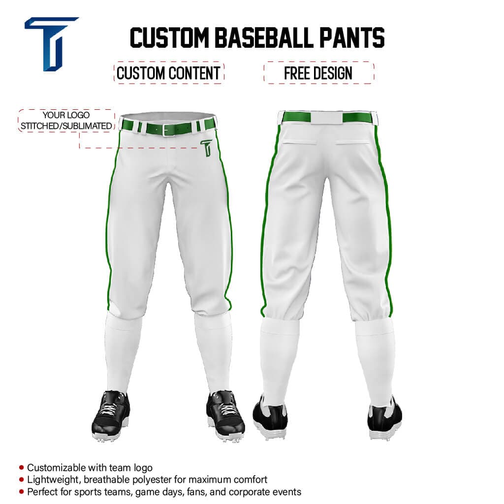 Custom White Green Side-Stripe Stretch Practice Knickers Baseball Pants