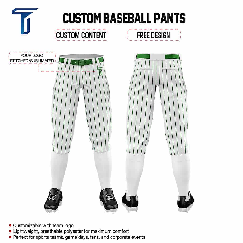 Custom White Green Pinestripe Stretch Practice Knickers Baseball Pants