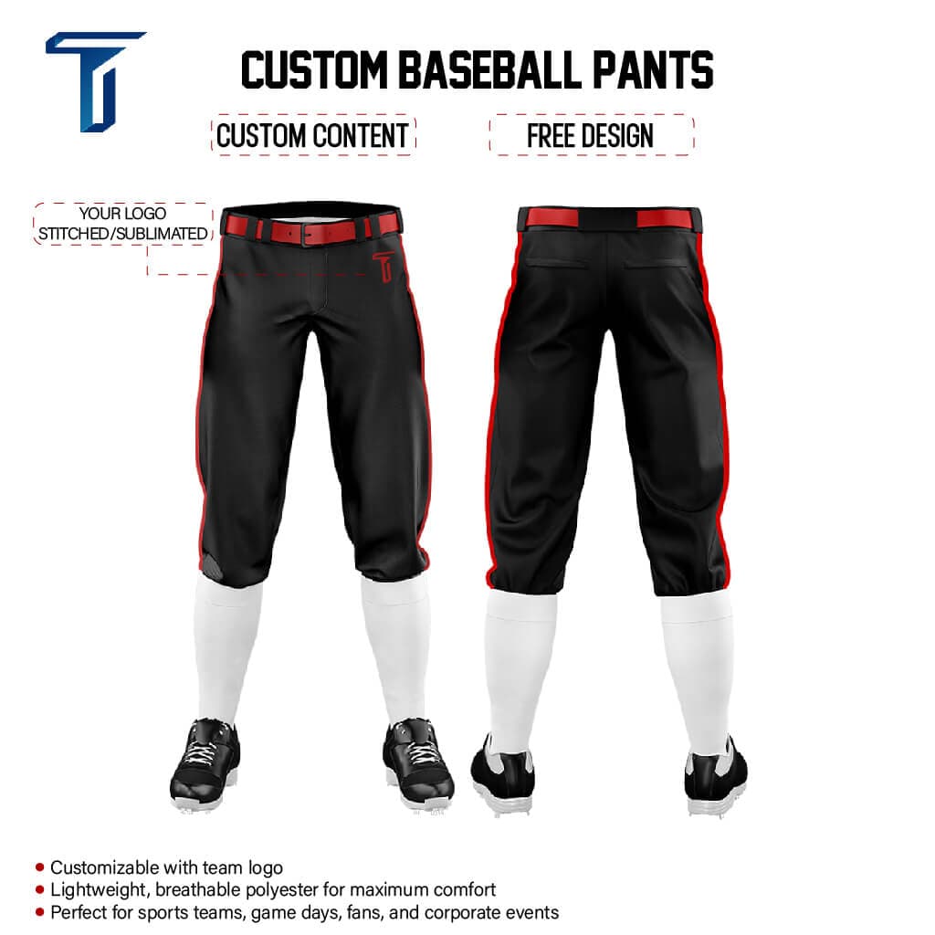 Custom Black Red Side-Stripe Stretch Practice Knickers Baseball Pants
