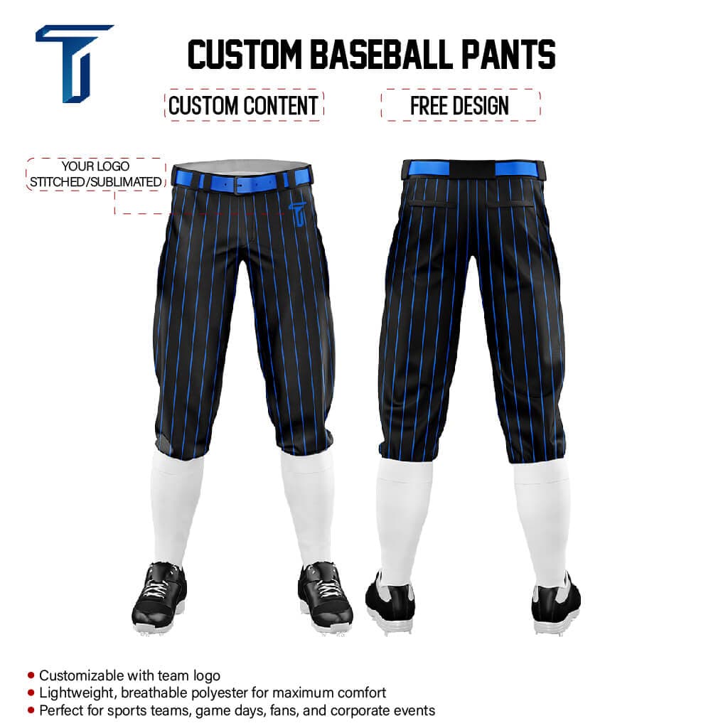 Custom Black Blue Pinestripe Stretch Practice Knickers Baseball Pants