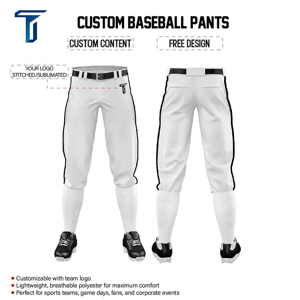 Custom White Black Side-Stripe Stretch Practice Knickers Baseball Pants