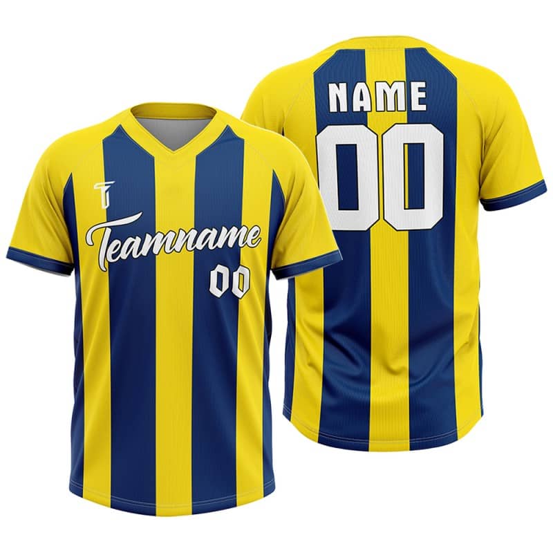Custom Blue Yellow Stripes Authentic V Neck Throwback Baseball Jersey