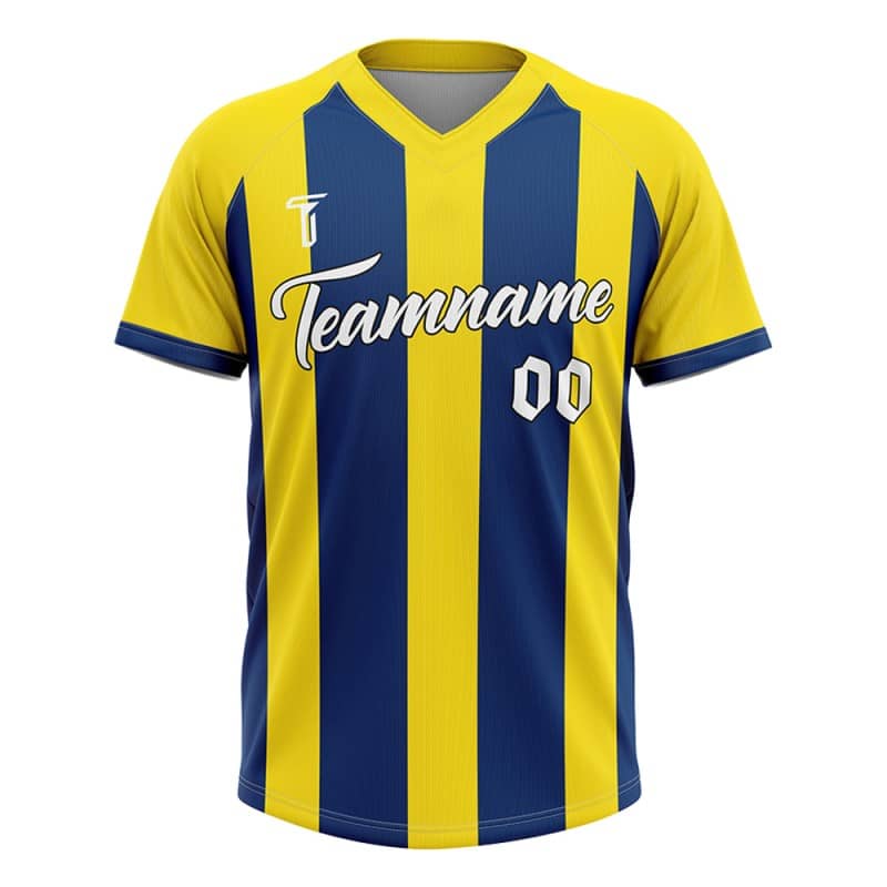 Custom Blue Yellow Stripes Authentic V Neck Throwback Baseball Jersey