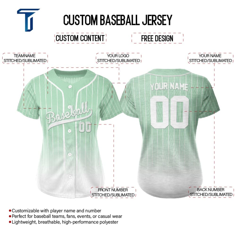 Celadon Gradient Pinstripe Custom Full Button Baseball Jersey for Women