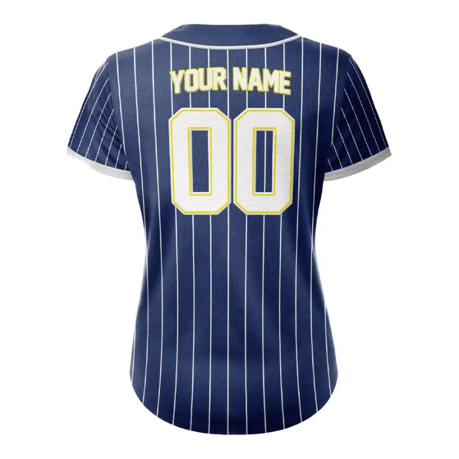 Custom Navy Blue White Pinestripe Button Down Baseball Jersey for Women