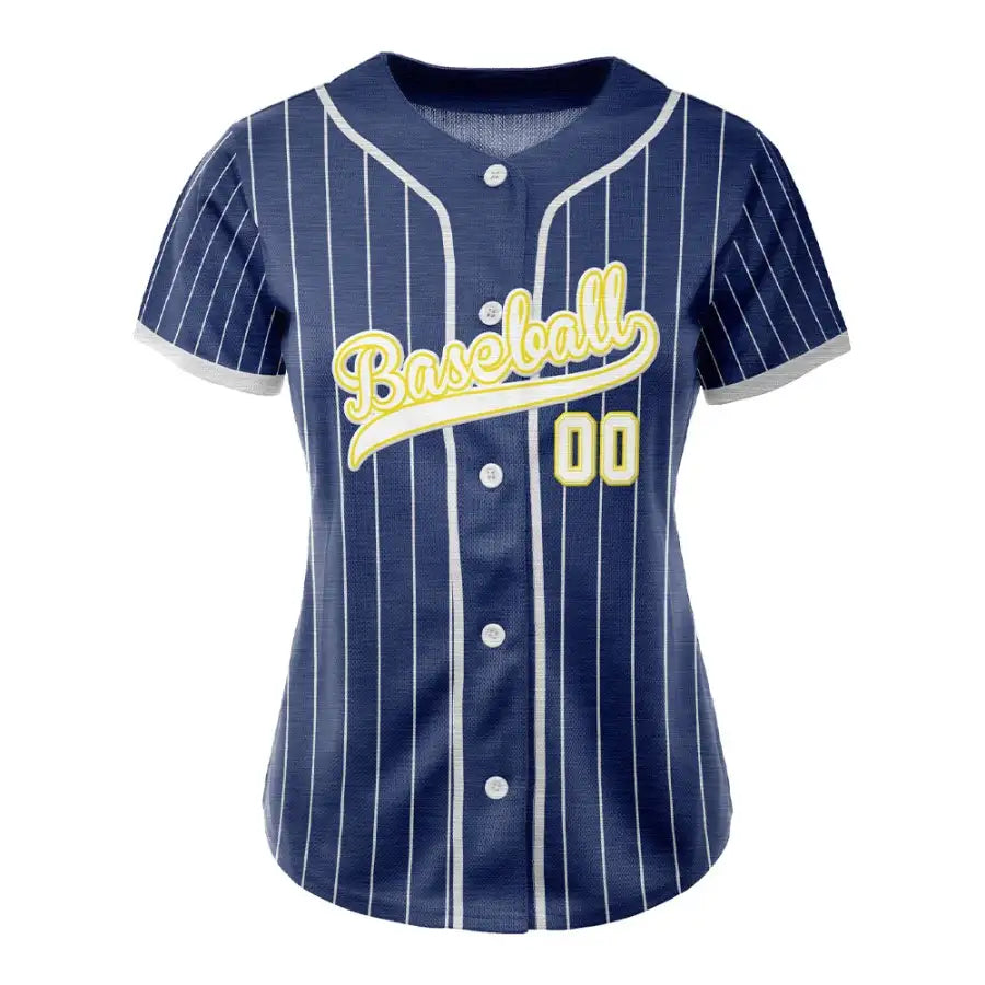 Custom Navy Blue White Pinestripe Button Down Baseball Jersey for Women