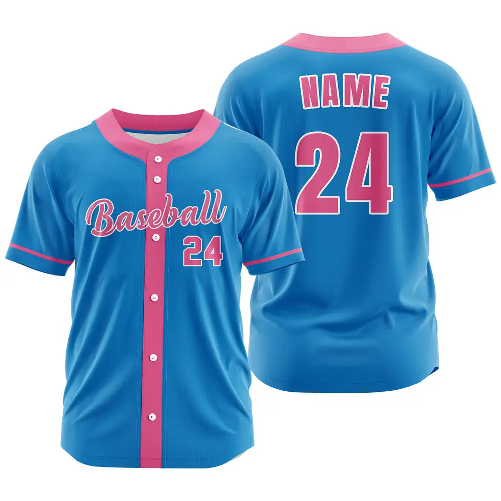 Custom Blue-Pink Button Down Baseball Jersey