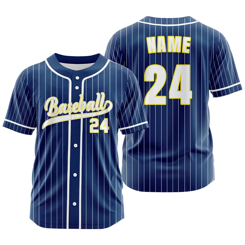 Custom Blue White Pinestripe Button Down Baseball Jersey