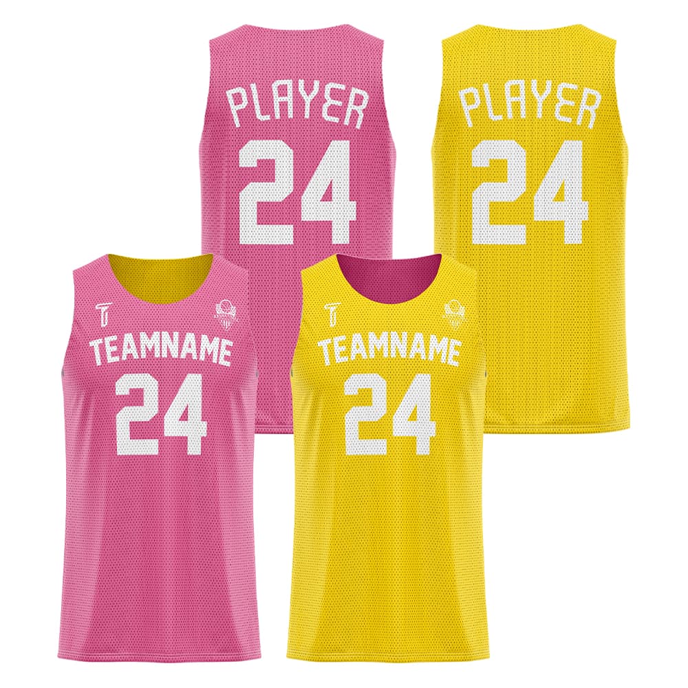 Pink-Yellow Custom Reversible Basketball Jersey