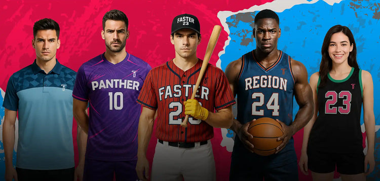 People wearing baseball uniforms, football uniforms, basketball uniforms, cheerleading uniforms, and polo shirt