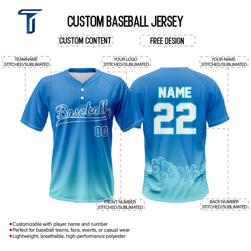 Blue Waves Custom Two-Button Baseball Jersey