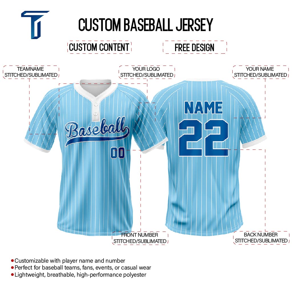 Blue Pinstripe Custom Two-Button Baseball Jersey