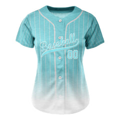 Teal Gradient Pinstripe Custom Full Button Baseball Jersey for Women