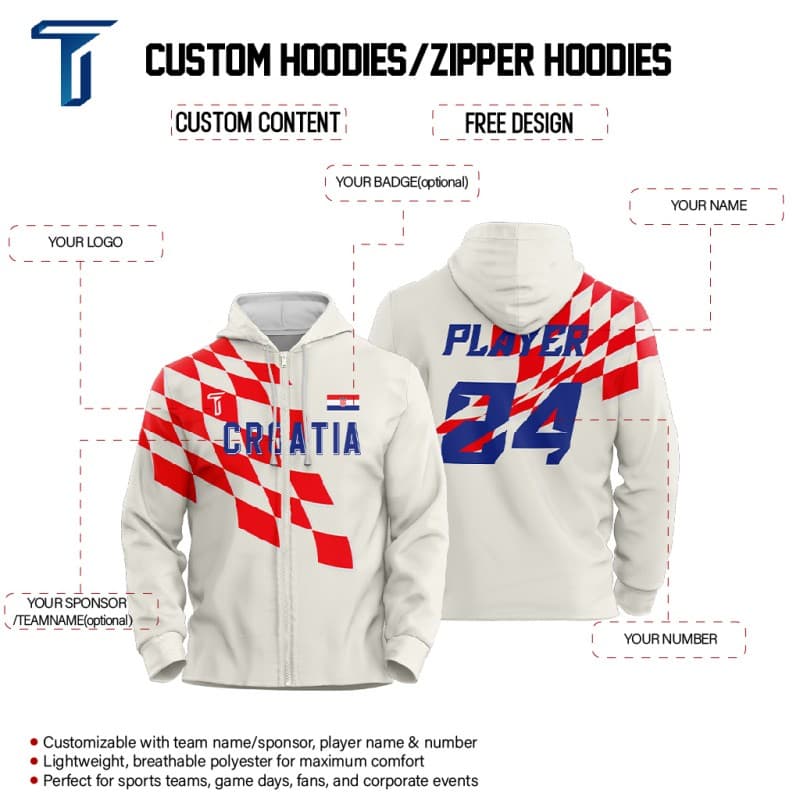Custom Croatia Loose Fit Zipper Cardigan Hoodie Sweatshirt